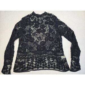 Ultra Pink Black Floral Crochet Lace Top Long Sleeve Small Whimsigoth Boho